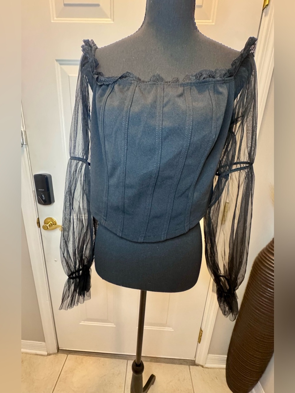 SHEIN Black Off-Shoulder Corset Blouse with Sheer Sleeves